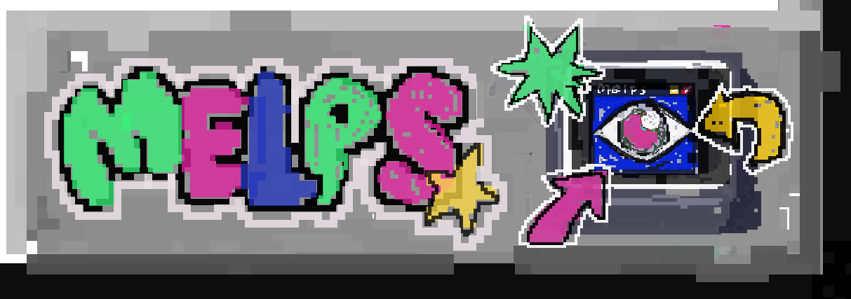 a greay button with MELPS written on the left in a bubbly pop font. the letters are in cyan, pink, and dark blue. on the right is a computer icon with a blue screen and an eye in the middle. there are arrows pointing to the computer 